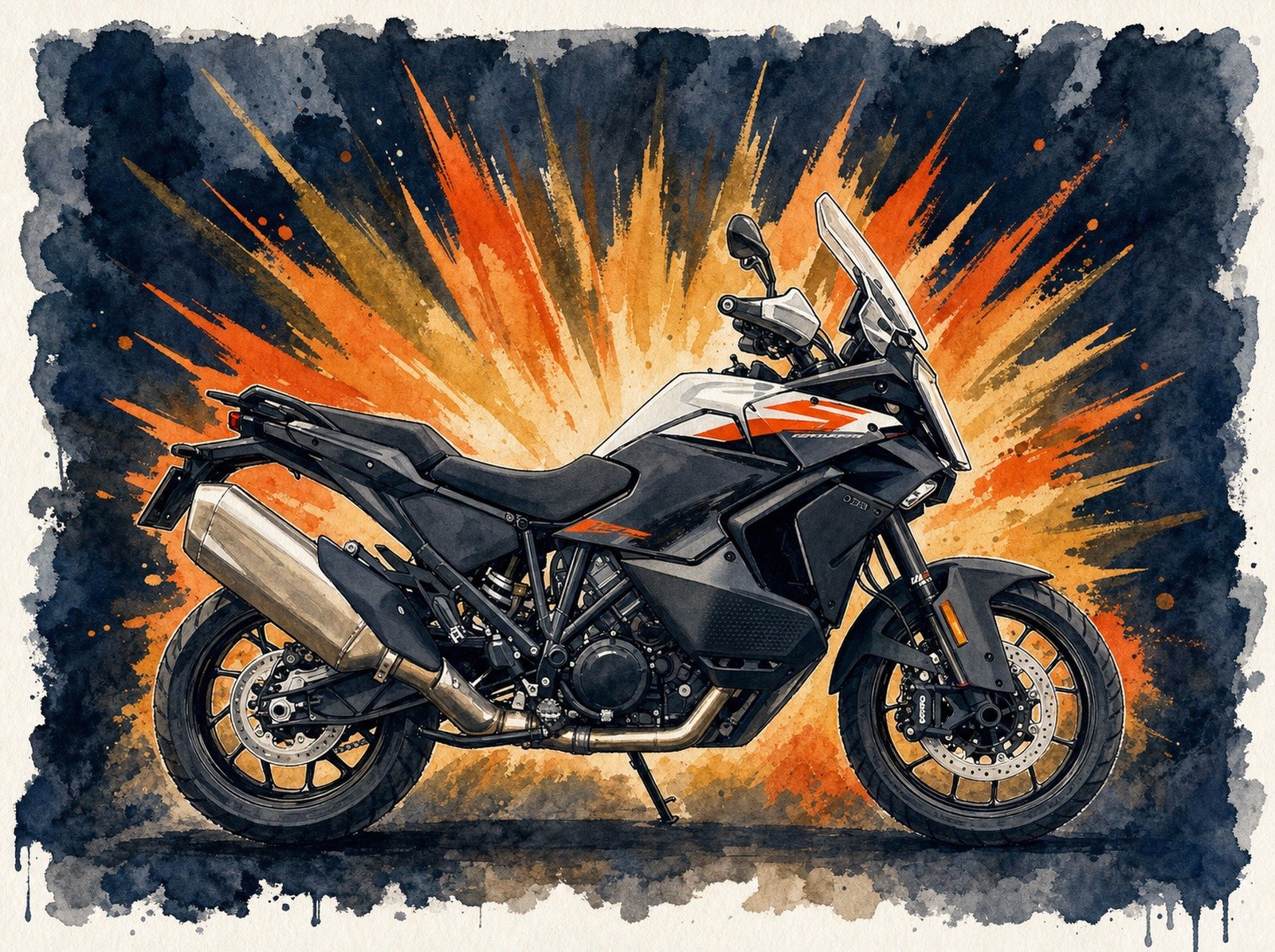 Watercolor illustration of the KTM 1390 Super Adventure S Evo adventure motorcycle