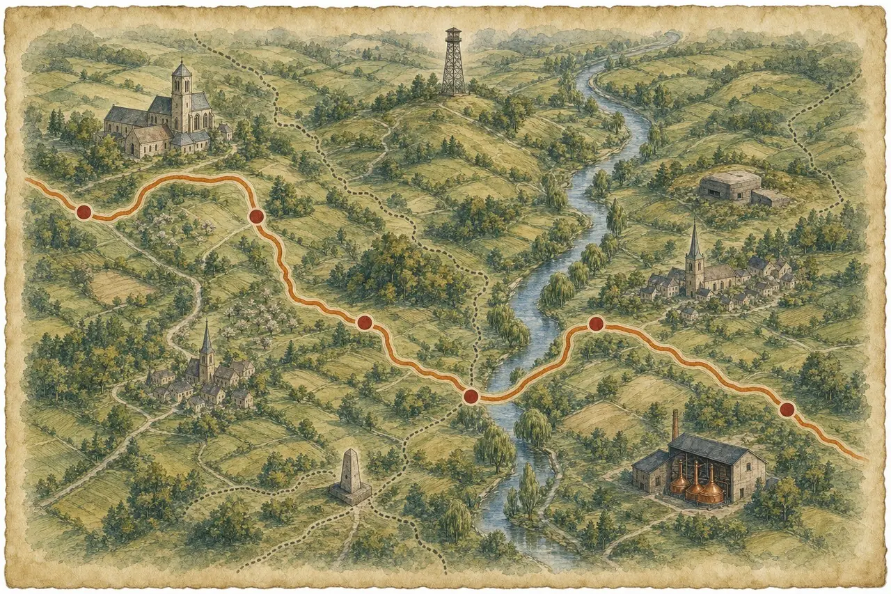Hand-drawn watercolor map illustration of A Round of the Heuvelland motorcycle loop through the Dutch and Belgian Limburg hills